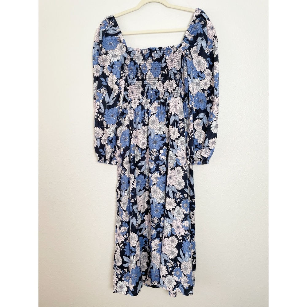 J Crew blue linen daydream zinnia floral smocked 3/4 sleeve dress L Tall - Picture 9 of 15